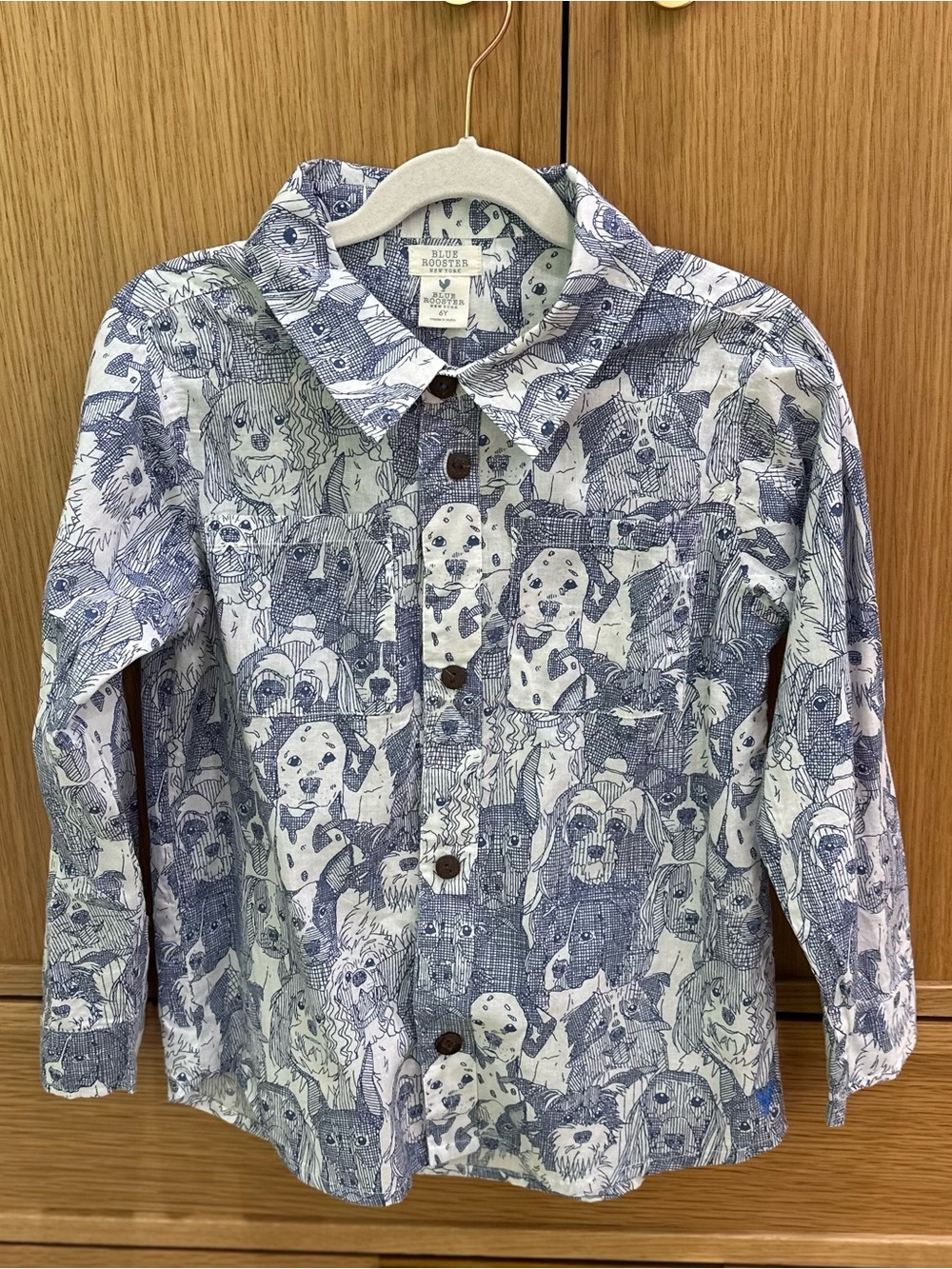 Blue Rooster (Pink Chicken) Boys' Blue & White Dog Print Button-Down Shirt